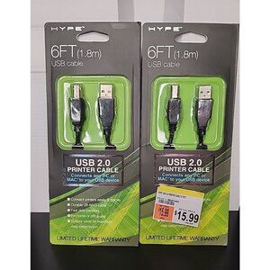 2 pack HYPE 6 ft USB 2.0 Printer Cable Connects PC or MAC A to B Male connector